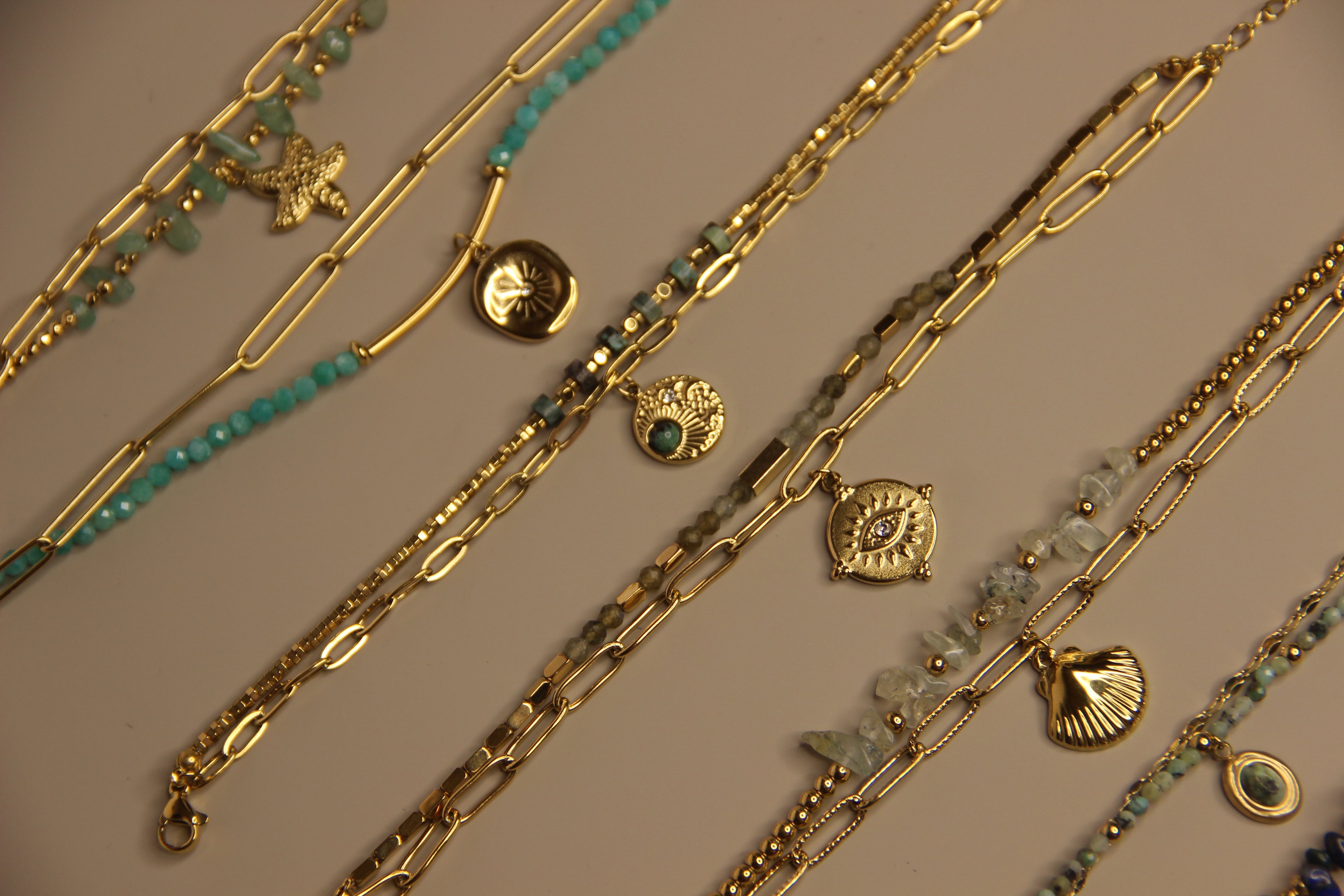 Luxe Layers Bracelet - Natural Stones, 18k Gold Plated, Charm