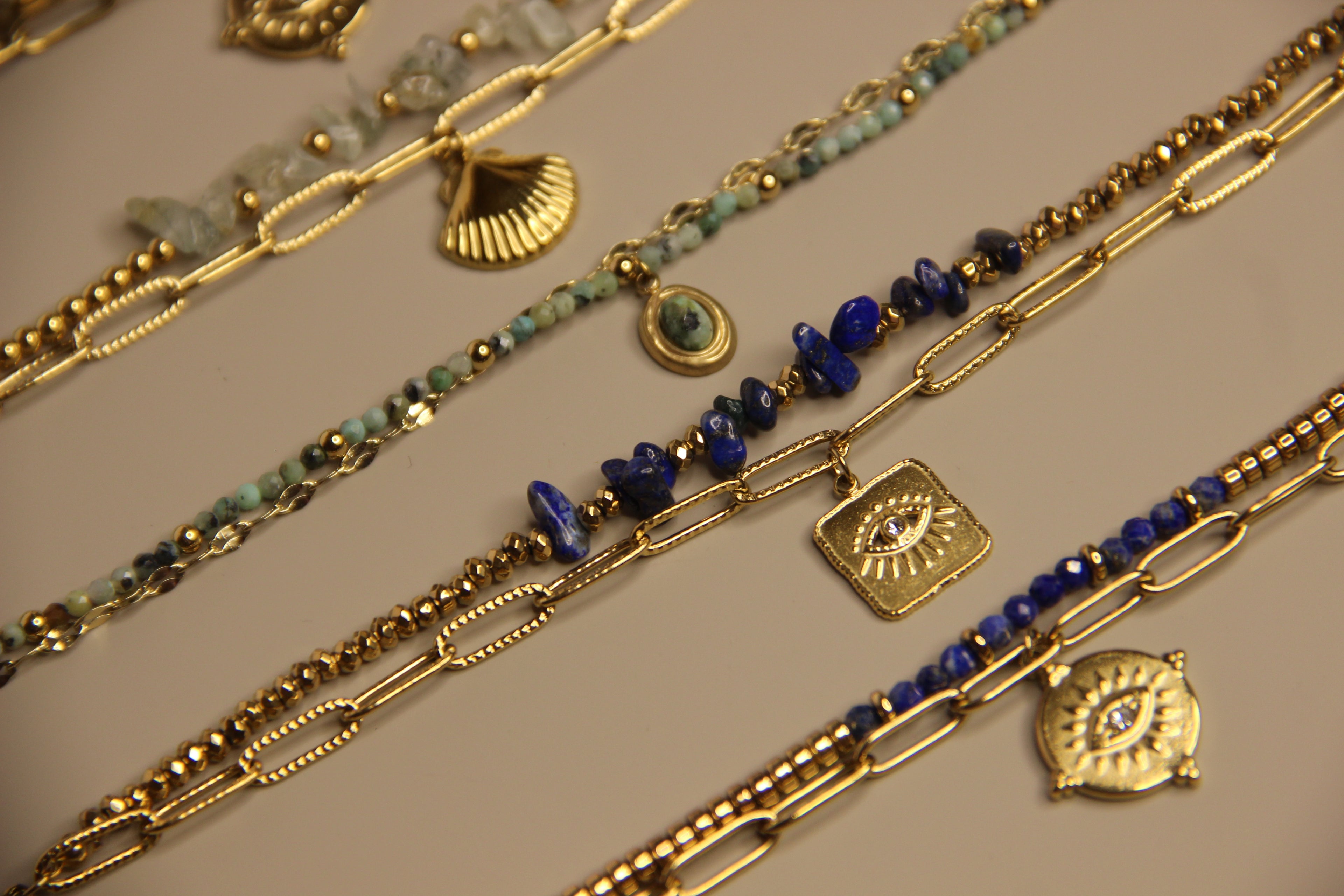 Luxe Layers Bracelet - Natural Stones, 18k Gold Plated, Charm